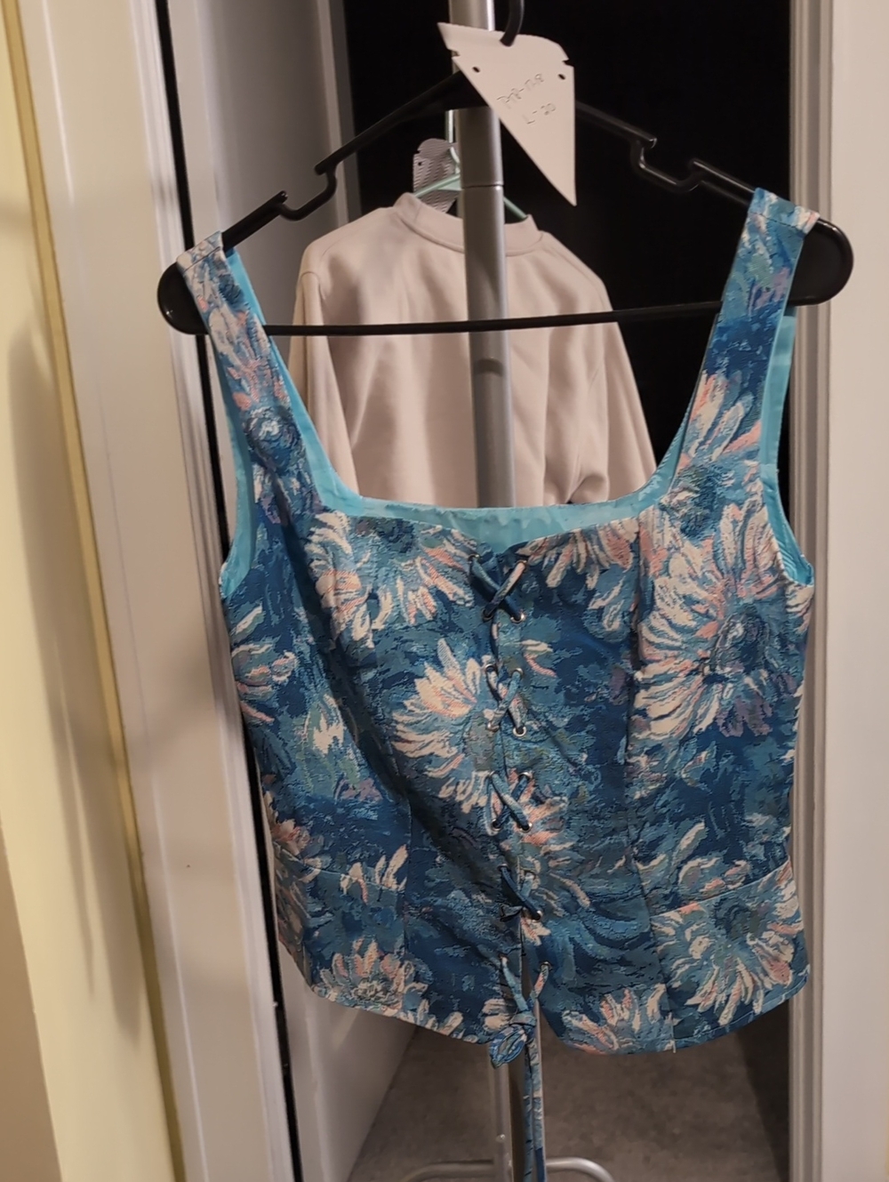 Sleeveless Blue Floral Brocade Corset Top